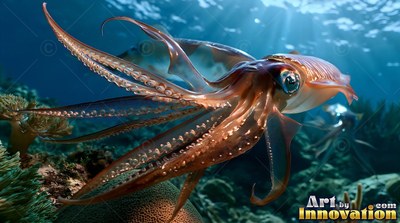 In sunlit shallow water above a reef, a brown squid spreads its long arms