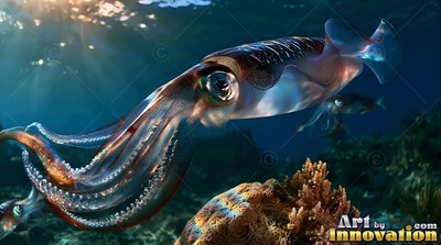 Swimming above a coral reef, a brown and blue squid moves through sunlit ocean water