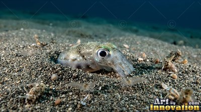 A small bobtail squid burrows into gray sea sand