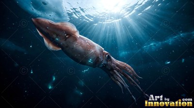 A reddish squid moves diagonally down across dark blue ocean water under bright sunlight rays