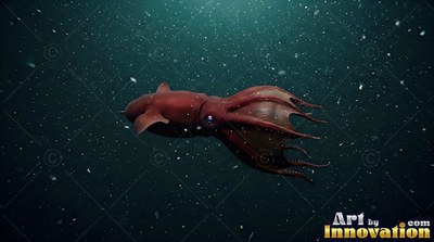 Drifting horizontally, a reddish-brown squid travels in dark ocean water with specks