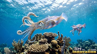 Two squid swim in clear open blue water above a shallow coral reef