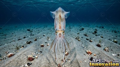 Above a rippled sandy seabed, a spotted squid hovers in clear blue water