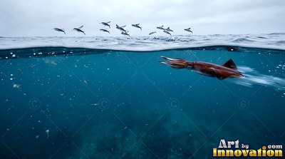 A reddish squid swims fast under flying fish leaping above the water