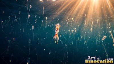 Trailing pale tentacles, a small orange squid swims under bright sunbeams in deep blue sea