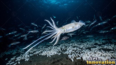A pale squid moves above white egg capsules on the seafloor in dark water