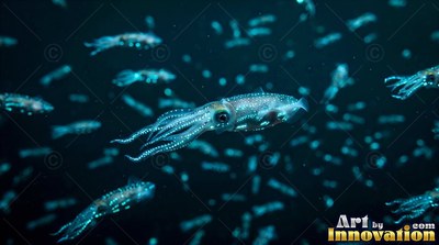 Swimming horizontally, a spotted blue squid drifts through dark deep water