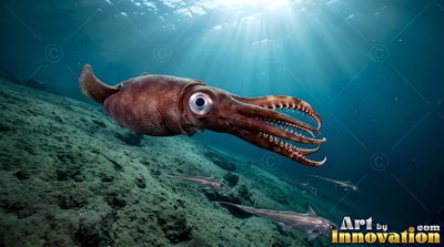 A brown squid swims under sunbeams near the sandy seabed