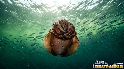 Floating below sunlit green water, a brown cuttlefish curls its arms near tiny fish