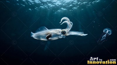 A spotted squid moving in dark blue ocean water near a jellyfish