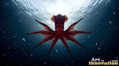 A red squid spreads its webbed arms beneath bright sunlight rippling on the water