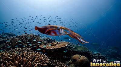 Above a sunlit coral reef, a reddish squid swims through clear blue sea