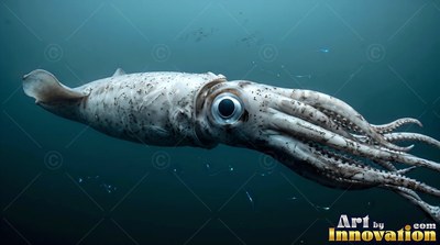 A pale squid with a large dark eye swims through deep greenish ocean water