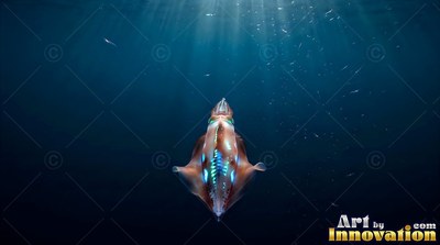 A squid glides downward through intense blue water under shafts of sunlight
