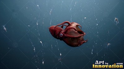 Curled into a bell shape, a reddish-brown squid drifts in dark water
