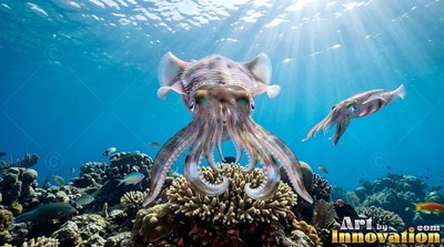 A squid glides toward the front above a sunlit coral reef under clear open blue water
