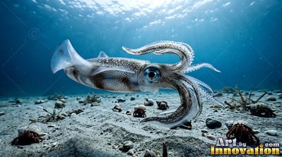 Over a sandy ocean floor, a spotted squid travels with its arms spread open