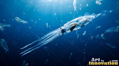 Transparent body showing dark inner organs, a squid moves through sunlit intense blue ocean water