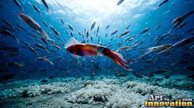 A squid glides over sea floor egg clusters under bright sunlight in clear open blue water