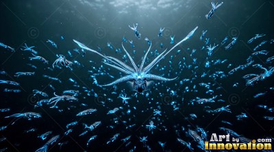 Spreading pale tentacles wide in deep dark water, a squid moves with a blue school