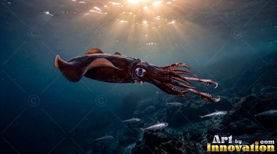 A reddish-brown squid swims near the rocky seabed under bright sunbeams