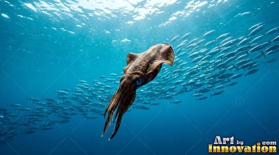Swimming in clear open blue water, a brown squid glides past a large school of fish