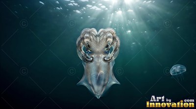 A pale squid with curled arms swims in sunlit blue water