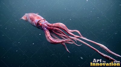 Gliding across dark ocean water, a red giant squid trails its long tentacles