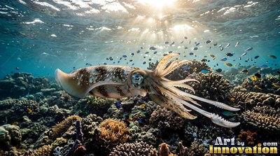 A brown squid moves above a sunny coral reef with small fish