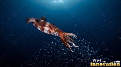 A squid with mottled brown skin swims downward through murky blue ocean water above tiny fish