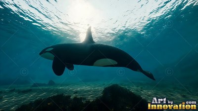 In sunlit turquoise water, a black and white orca swims near the surface