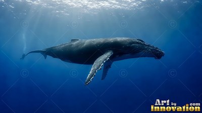 Gliding through deep blue water, a humpback whale travels under shafts of sunlight