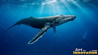 Swimming humpback whale passing in deep blue water under sunlight