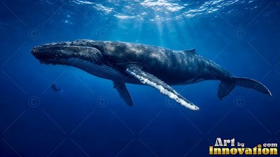 White bumps line the long flipper of an adult humpback whale cruising through sunlit blue water
