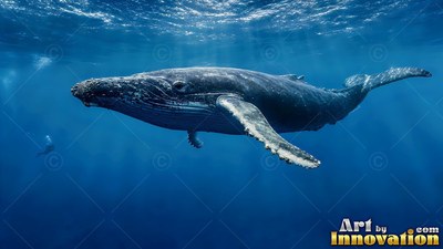 A humpback whale moves underwater beneath bright sunlight filtered through the deep blue sea