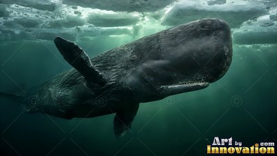 Angled upward, a dark sperm whale moves beneath chunks of sea ice in green water