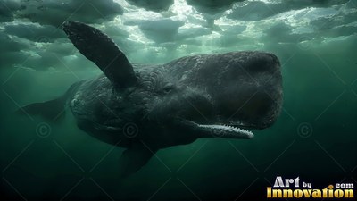 A dark sperm whale travels near the surface within deep green ocean water under sea ice