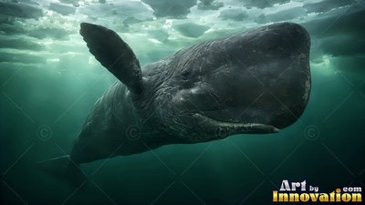 Swimming near the surface, a dark gray sperm whale drifts through murky green water