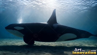 An orca swims in blue water over a sandy ocean floor