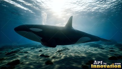 A white eye patch marks an orca swimming in blue water over a sandy sea floor