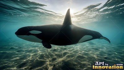 An orca swims through shallow clear water under bright white sunlight