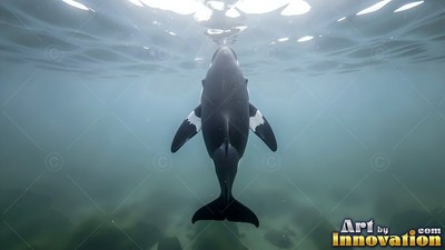 Seen from directly behind, an orca swims straight up toward bright water surface