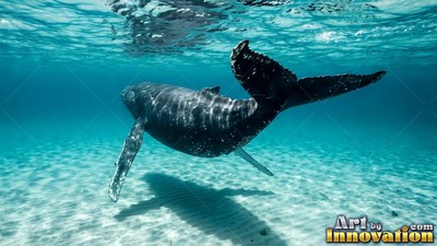 A young large humpback whale cruises over the bright sandy ocean floor in clear blue water