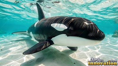 In shallow turquoise water, an orca swims close over the white sandy seabed