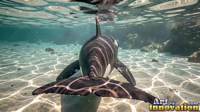 Swimming in shallow water, a killer whale swims over sunny white sand ripples