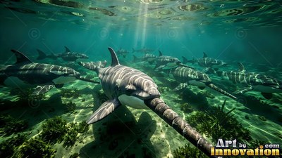 Pod of narwhals swimming in sunny green shallow water