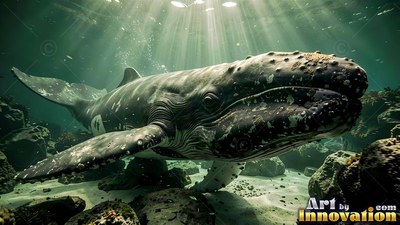 Rough skin with white spots marks a dark whale swimming over a sunlit seabed