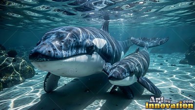 Two killer whales swim over a shallow sandy seabed under bright rippling sunlight