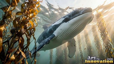 Angled upward, a humpback whale swims through tall kelp under sunlight