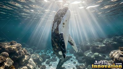 A spotted whale floats upright underwater as sunbeams cut through the sea